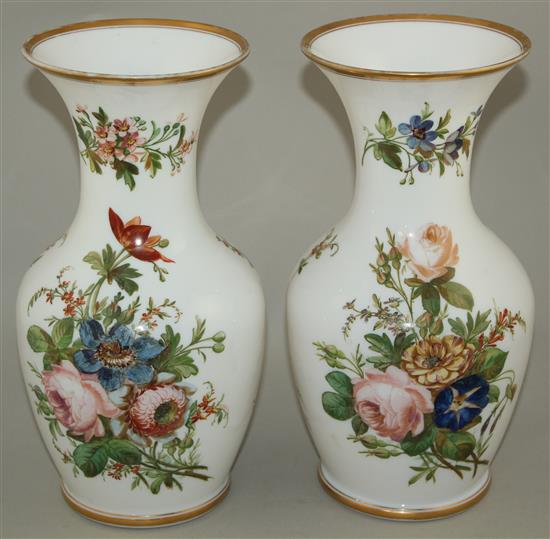 A pair of French enamelled opaline glass vases, mid 19th century, 29.5cm